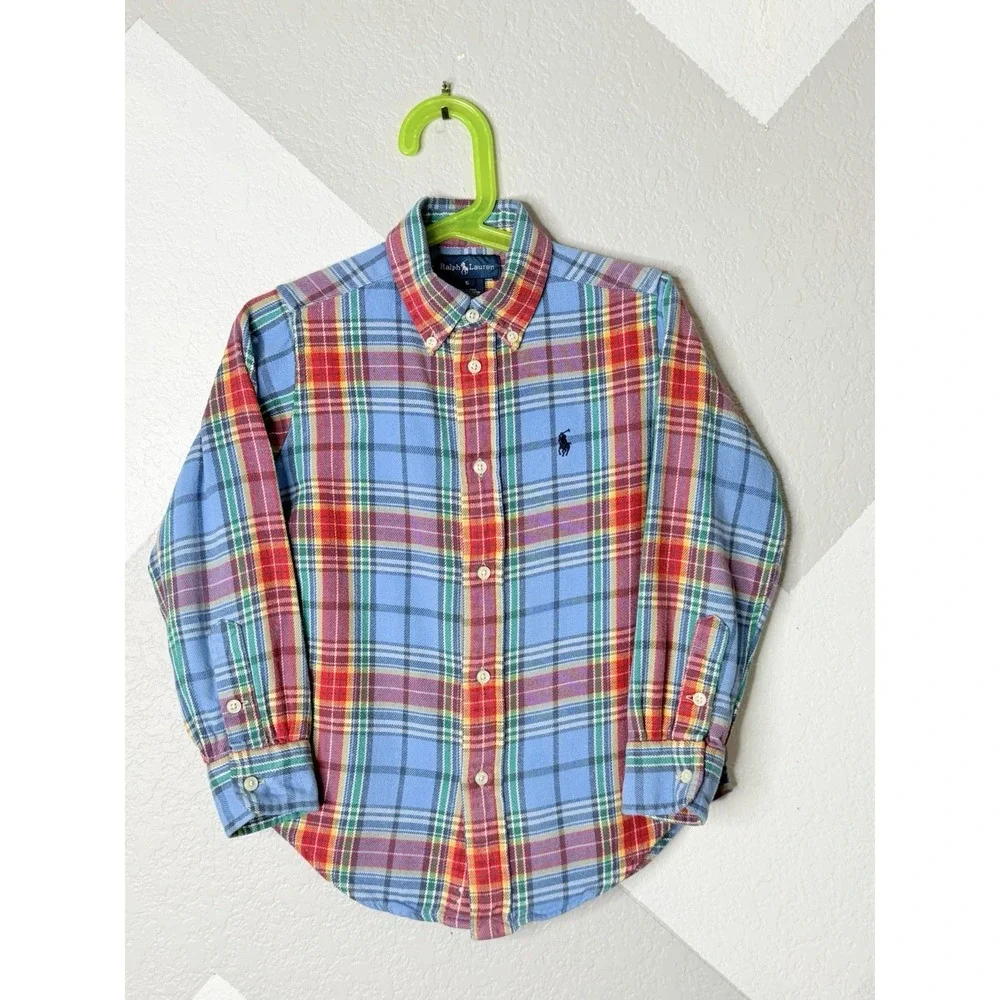 Ralph Lauren Boys Size 5 Plaid Flannel Shirt Blue Red Cotton Twill Button Down
